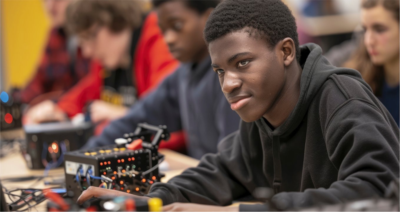 Young people collaborating on technology
